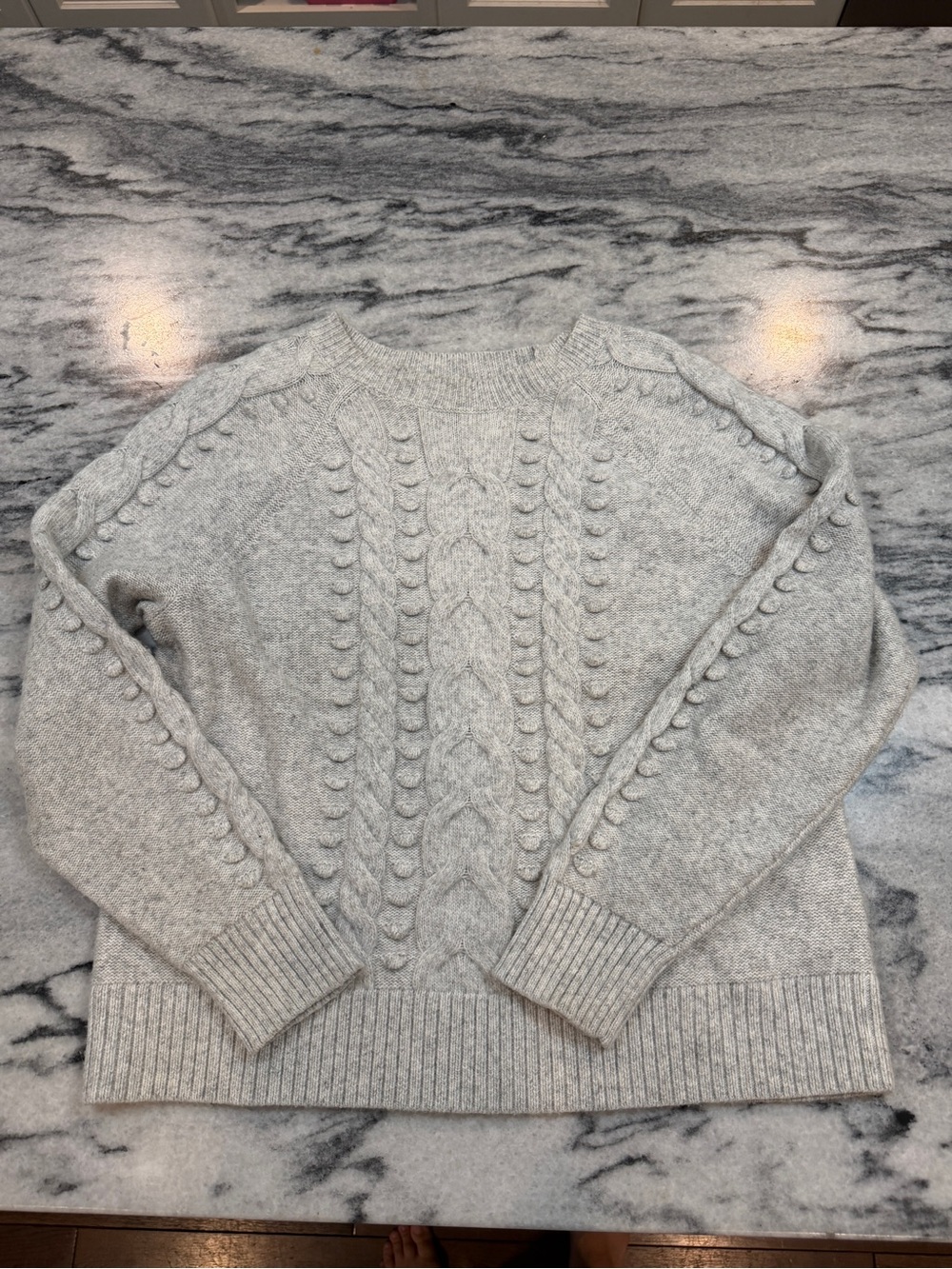 LOFT Light Gray Cable Knit Bobble Crewneck Sweater
